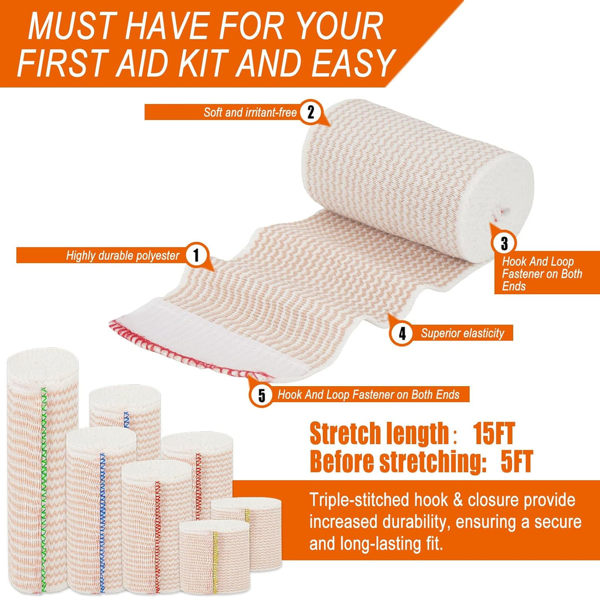 Premium Elastic Bandage Wrap 2 inch 10 Pack Reusable Versatile Self-Closing Compression Bandage