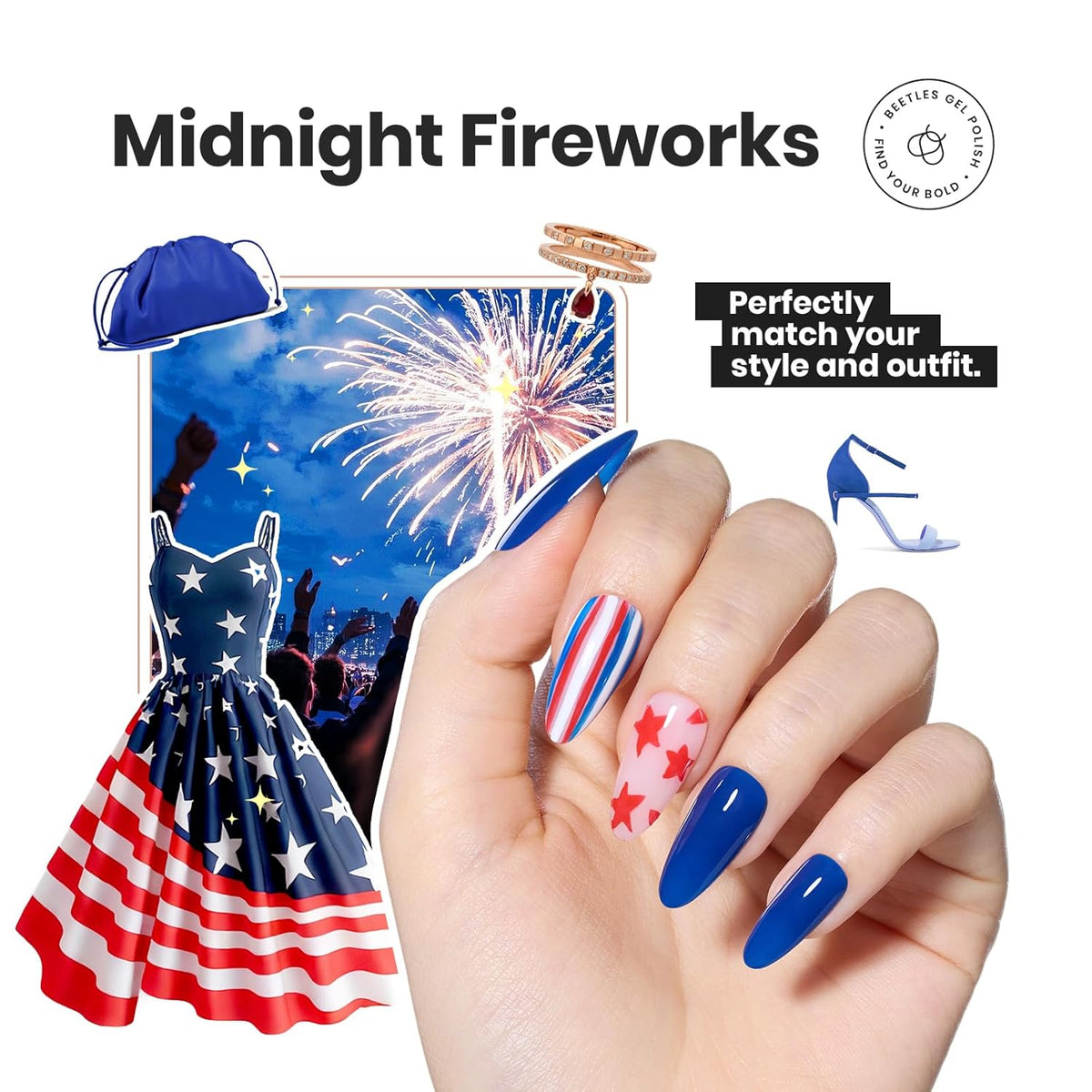 Beetles 4th of July Nail Polish Set - 6 Colors White Red Blue Nail Polish Kit Sparkle Glitter