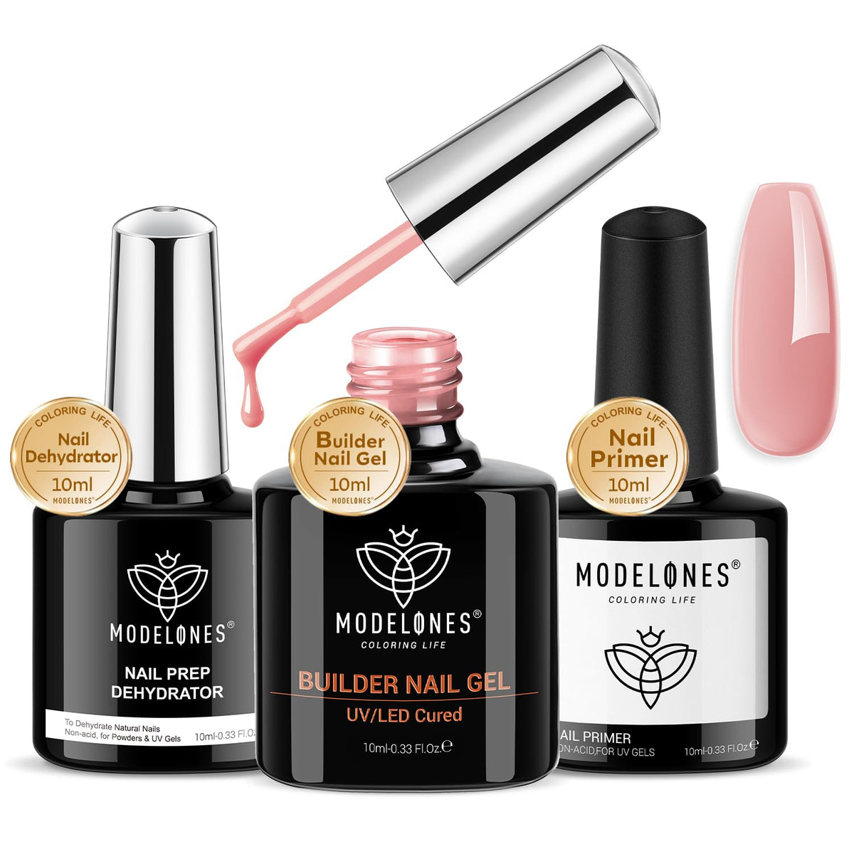modelones Builder Nail Gel with Nail Dehydrator and Primer, 3Pcs Rose Nude Pink LED Gel Builder