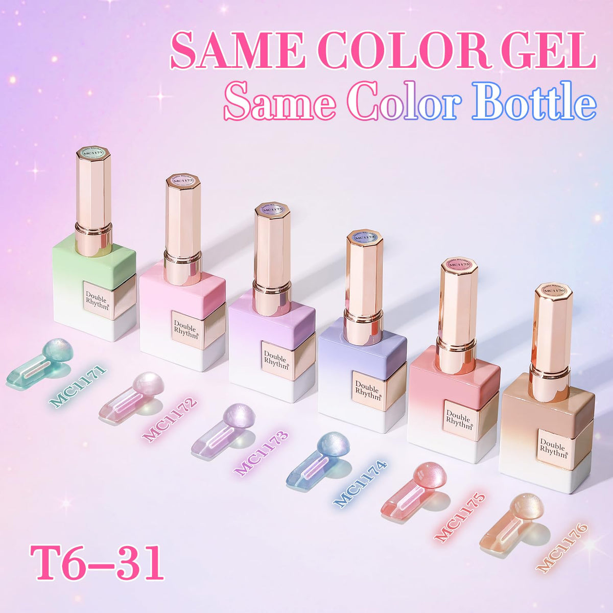 Double Rhythm Cat Eye Gel Nail Polish Set of 6 Same Color Same Bottle 0.5 Oz Shimmer Glitter with
