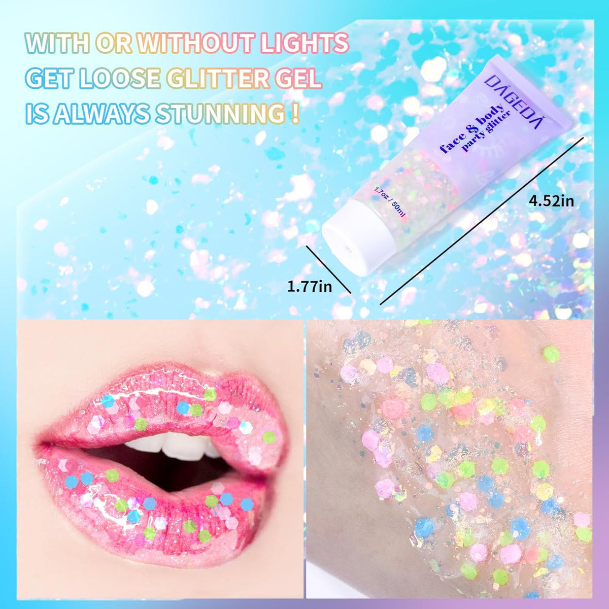 DAGEDA Rainbow Body Glitter Gel, Face Glitter for Pride Day Makeup Sequins Shimmer Eyeshadow