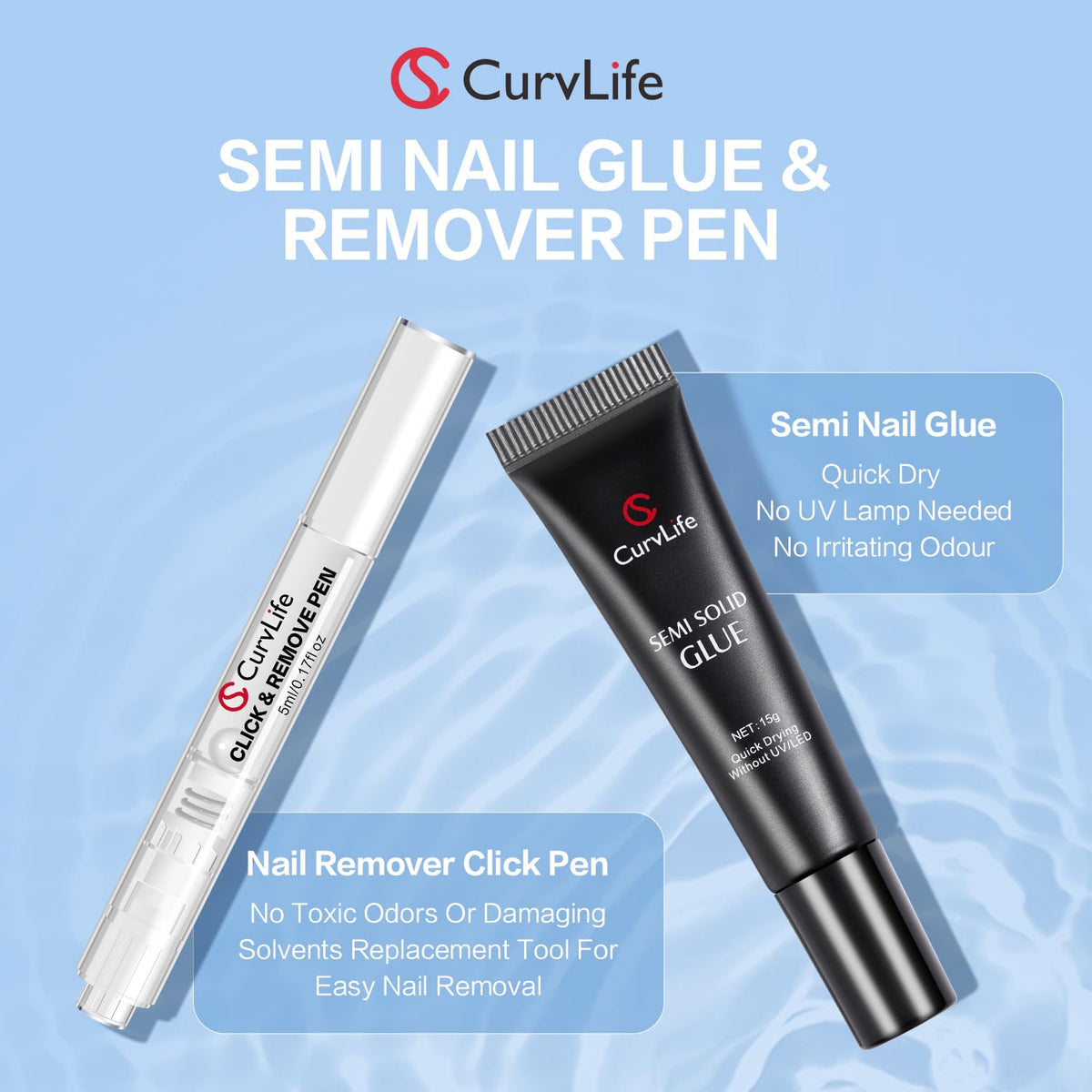 Curvlife 15g Semi Solid Nail Glue Gel with 5ml 3 in 1Nail Glue Remover, No Need for Uv Light, Gel