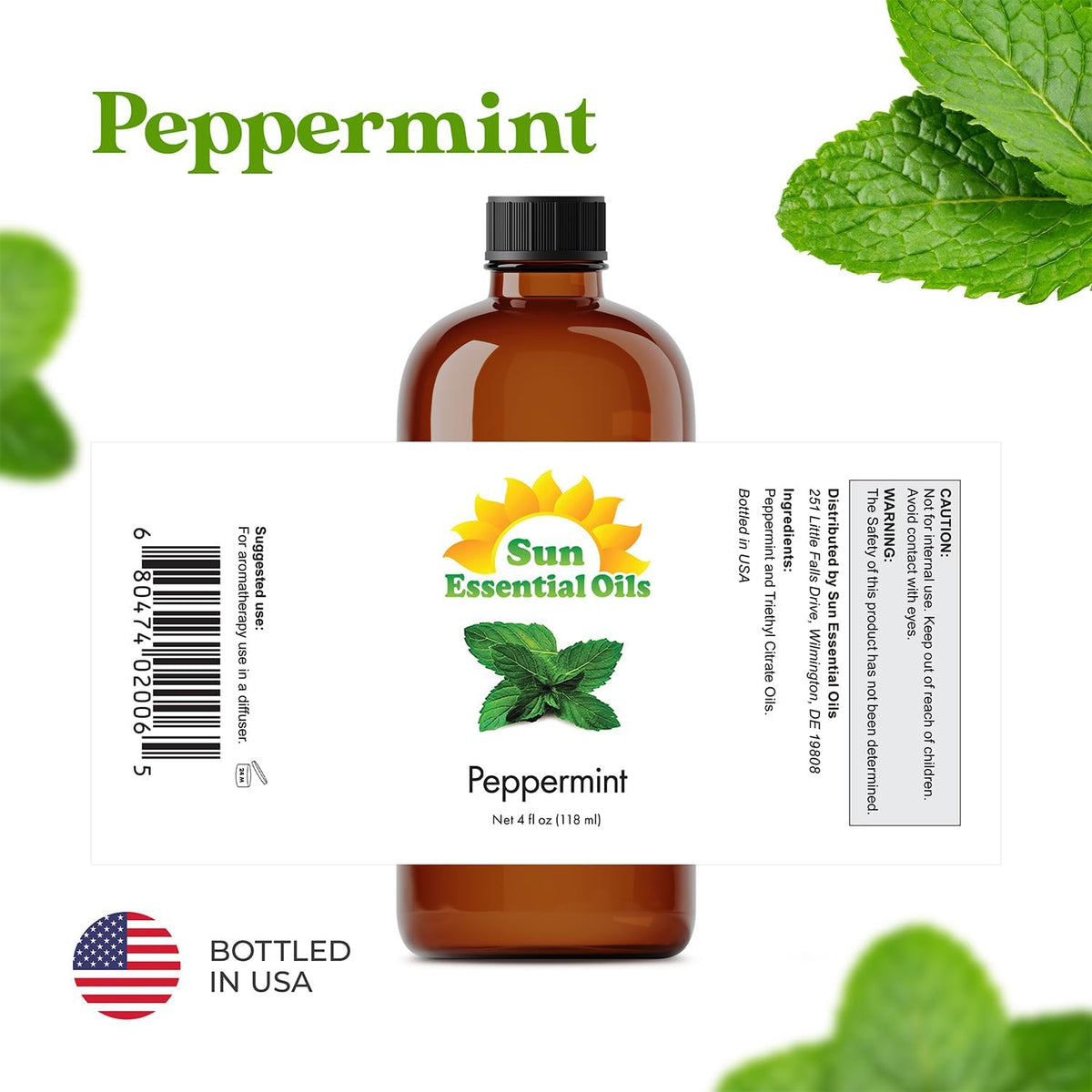 Sun Essential Oils - Peppermint Essential Oil (4 oz) with Dropper for Diffuser, Humidifier, Skin &