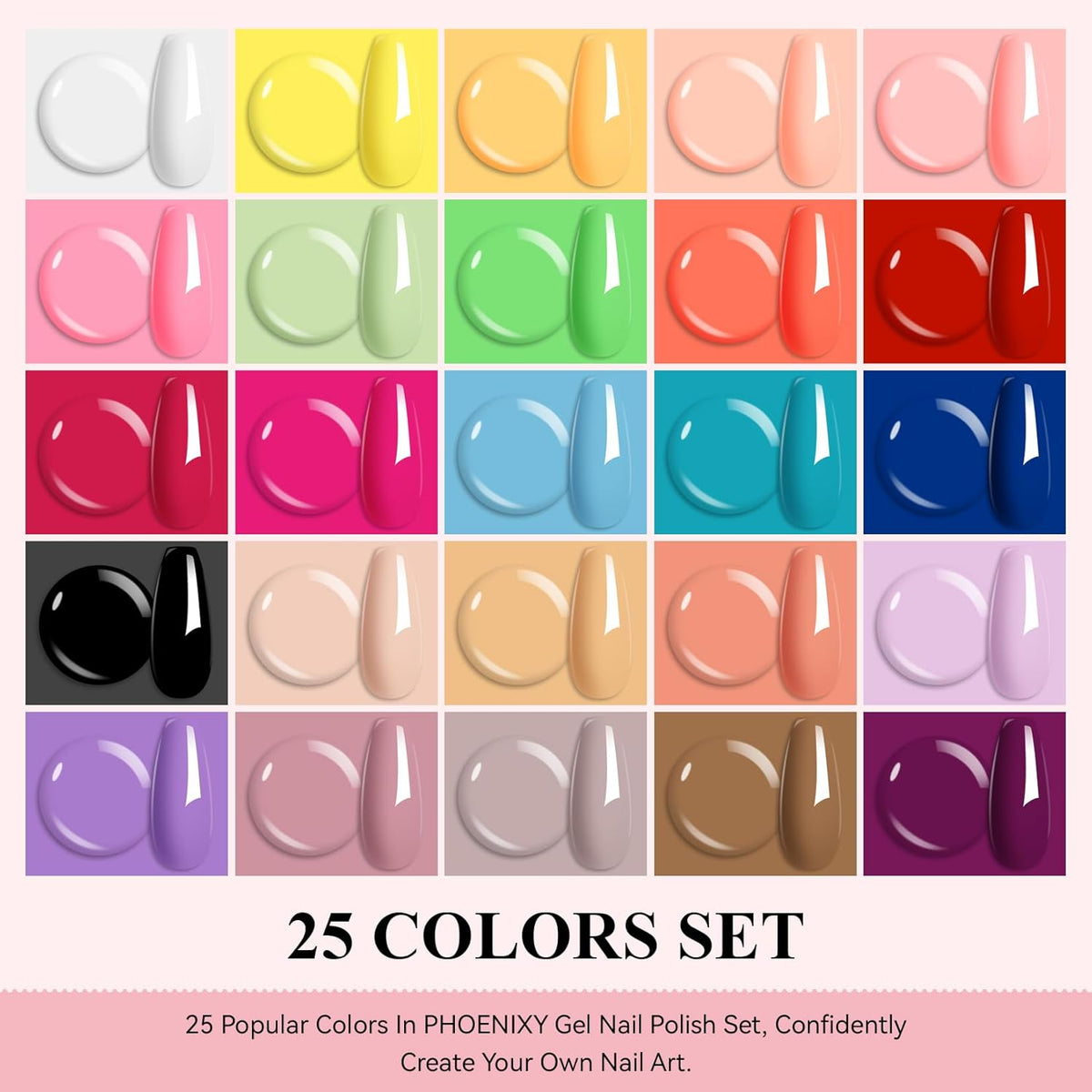 Phoenixy 30 PCS Gel Nail Polish 25 Colors Gel Nail Polish Set with Base Coat Glossy Matte and