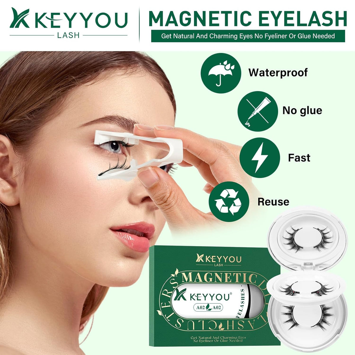 KEYYOU Reusable Magnetic Eyelashes 2 Pair with Applicator No Glue Needed 3D Natural Magnetic