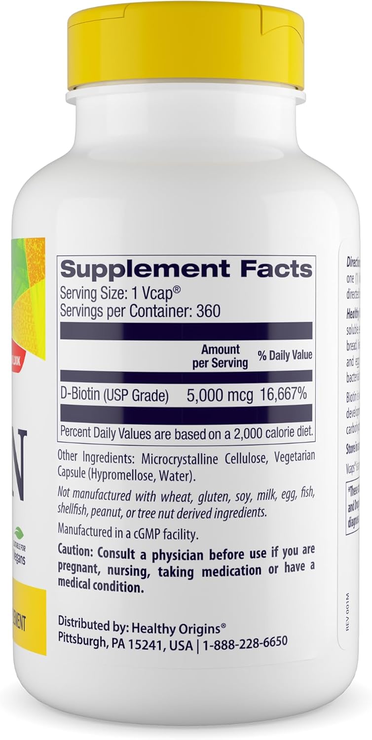 Healthy Origins Biotin 5,000 mcg (USP Grade, Non-GMO, Gluten Free, Hair Support, Nail Support), 360