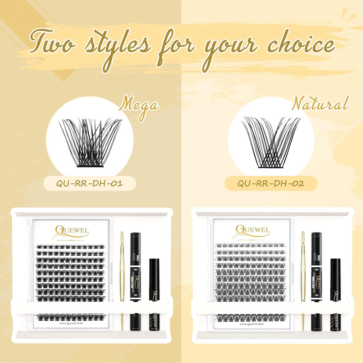 QUEWEL DIY Lash Extensions Kit Lash Clusters 144 Pcs, Cluster Lashes Golden Lashes Tweezers