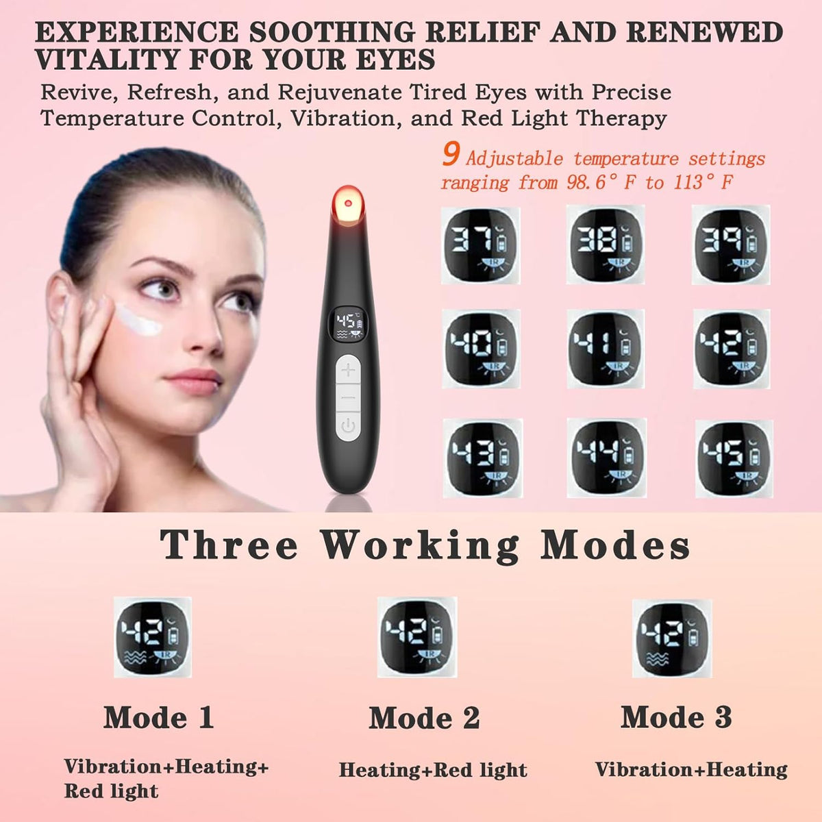 Eye Lift Wand, 3 in 1 Vibrating 98°F to 113°F LCD Eye Massager for Dry Eyes, Dark Circles and