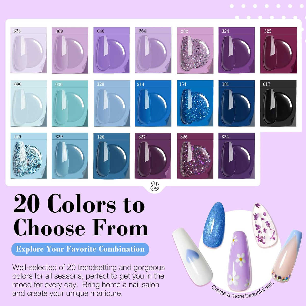 AZUREBEAUTY Dip Powder Nail Kit Starter, 20 Colors Purple Blue Glitter Dipping Powder Recycling