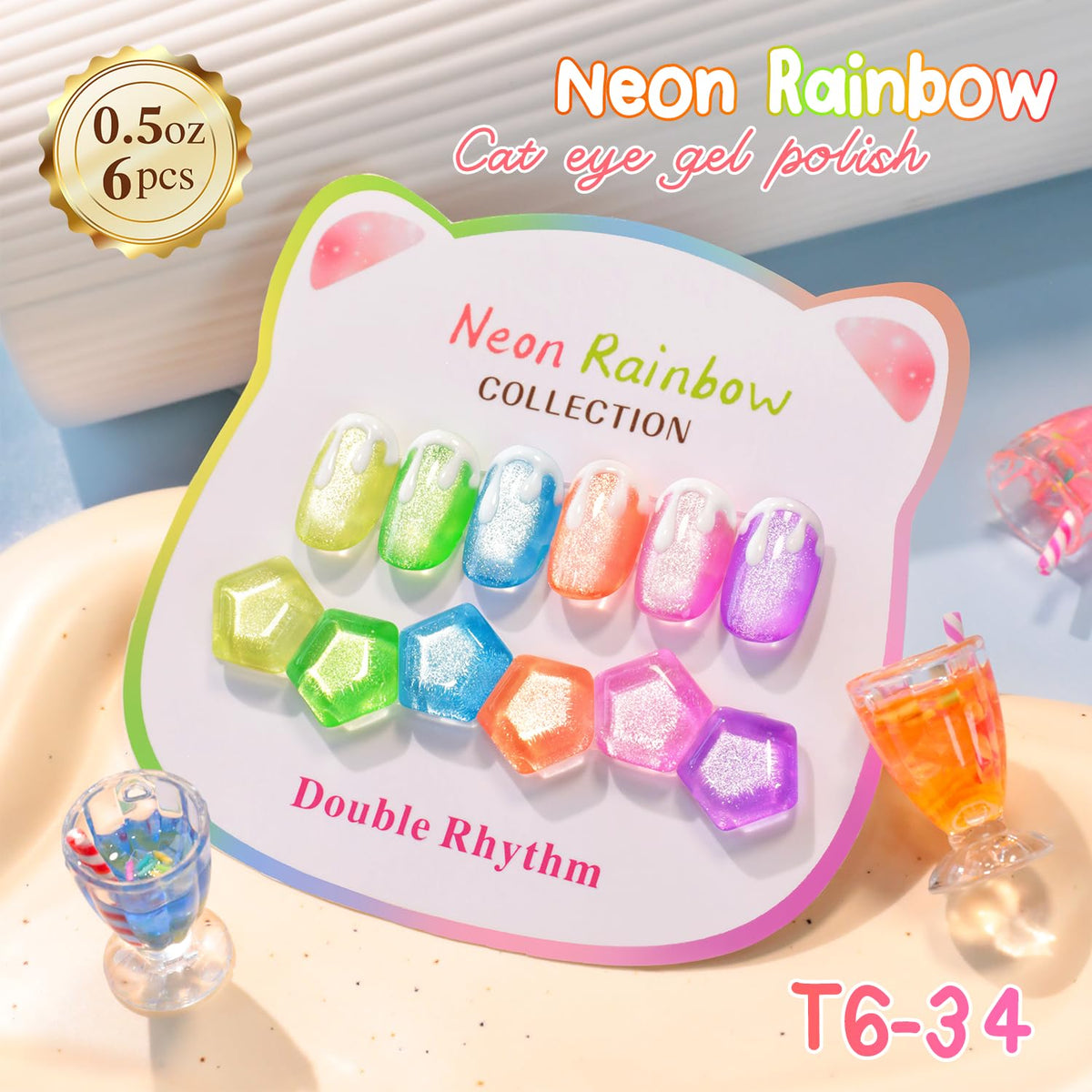 Double Rhythm Cat Eye Gel Nail Polish Set of 6 Same Color Same Bottle 0.5 Oz Shimmer Glitter with