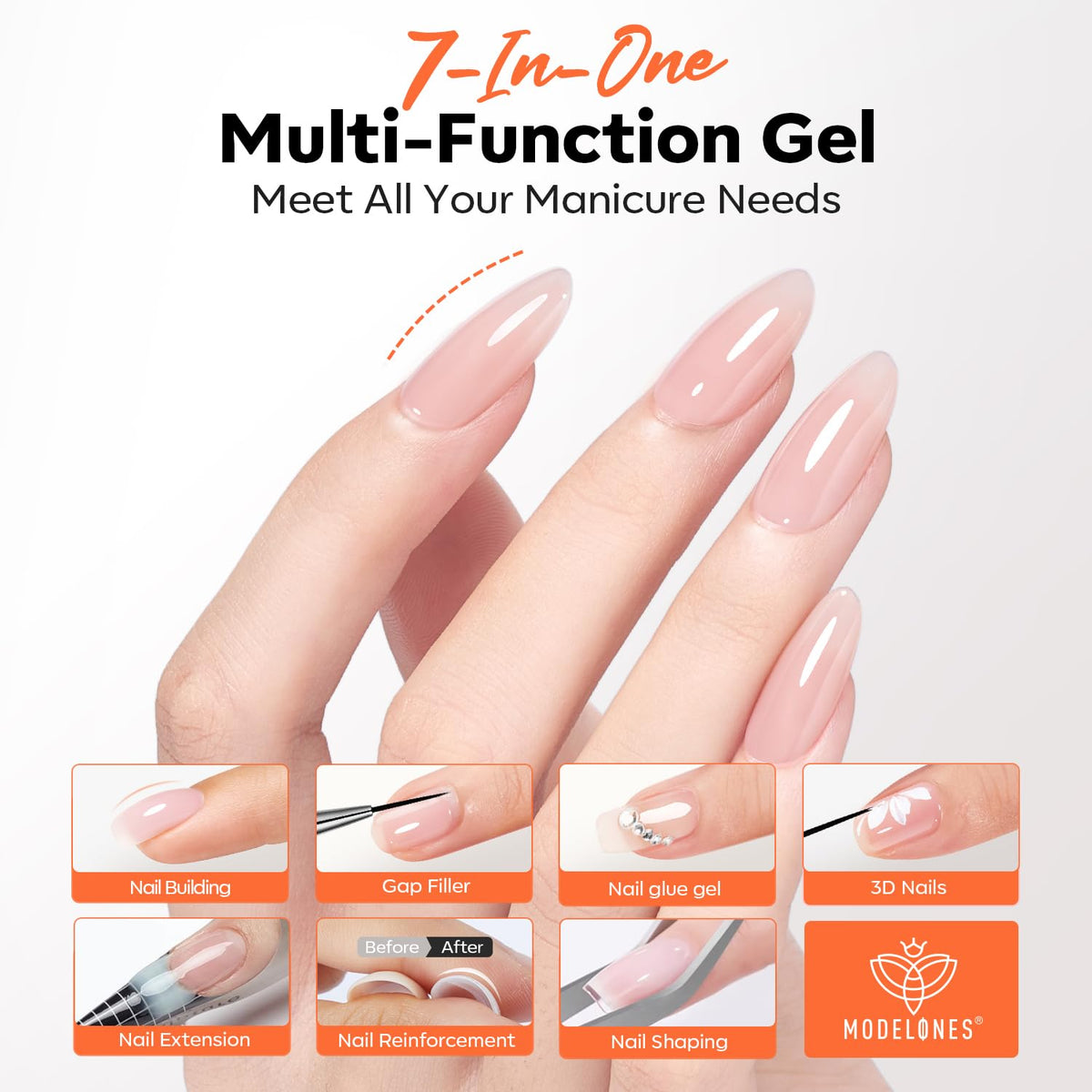 modelones Builder Nail Gel, 7-in-One Clear Builder Nail Polish with Detachable Liner Brush, 15ml