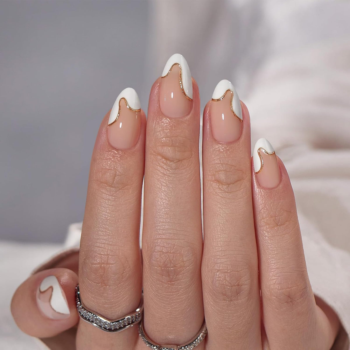BTArtbox Press On Nails Almond - Designed White French Tip Press On Nails Short with Gold Foil
