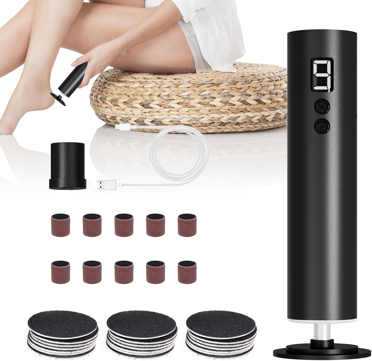 Powerful Electric Foot File & Callus Remover - Over 1-Hour Continuous Use, 360° Rotating Grinder