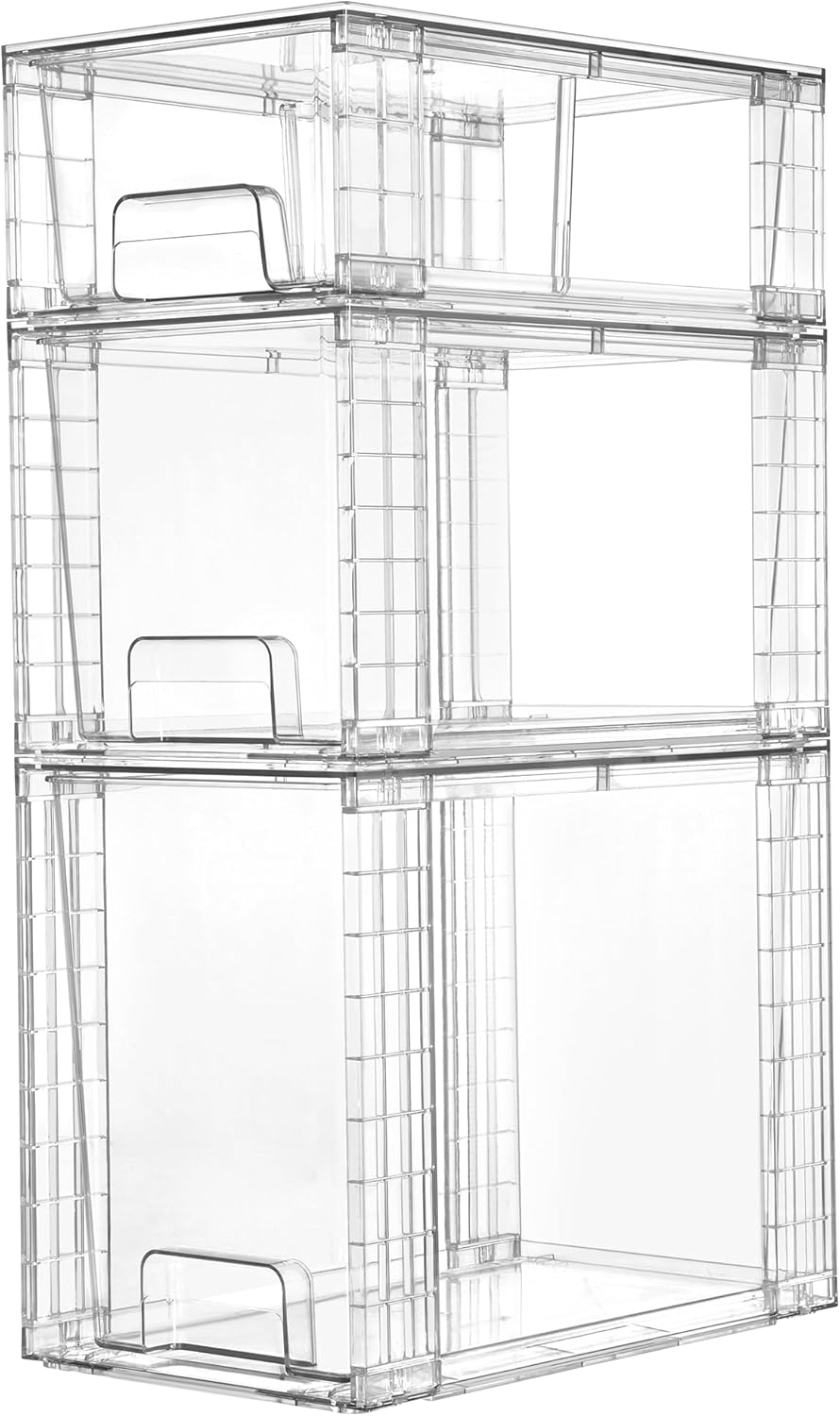 Vtopmart 3 Pack Clear Stackable Storage Drawers,Easy to Assemble Bathroom Organizers and Storage