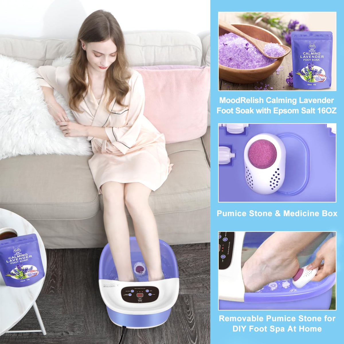 Foot Spa Bath Massager with Heat Bubbles and Vibration Massage and Jets, 16 OZ Calming Lavender