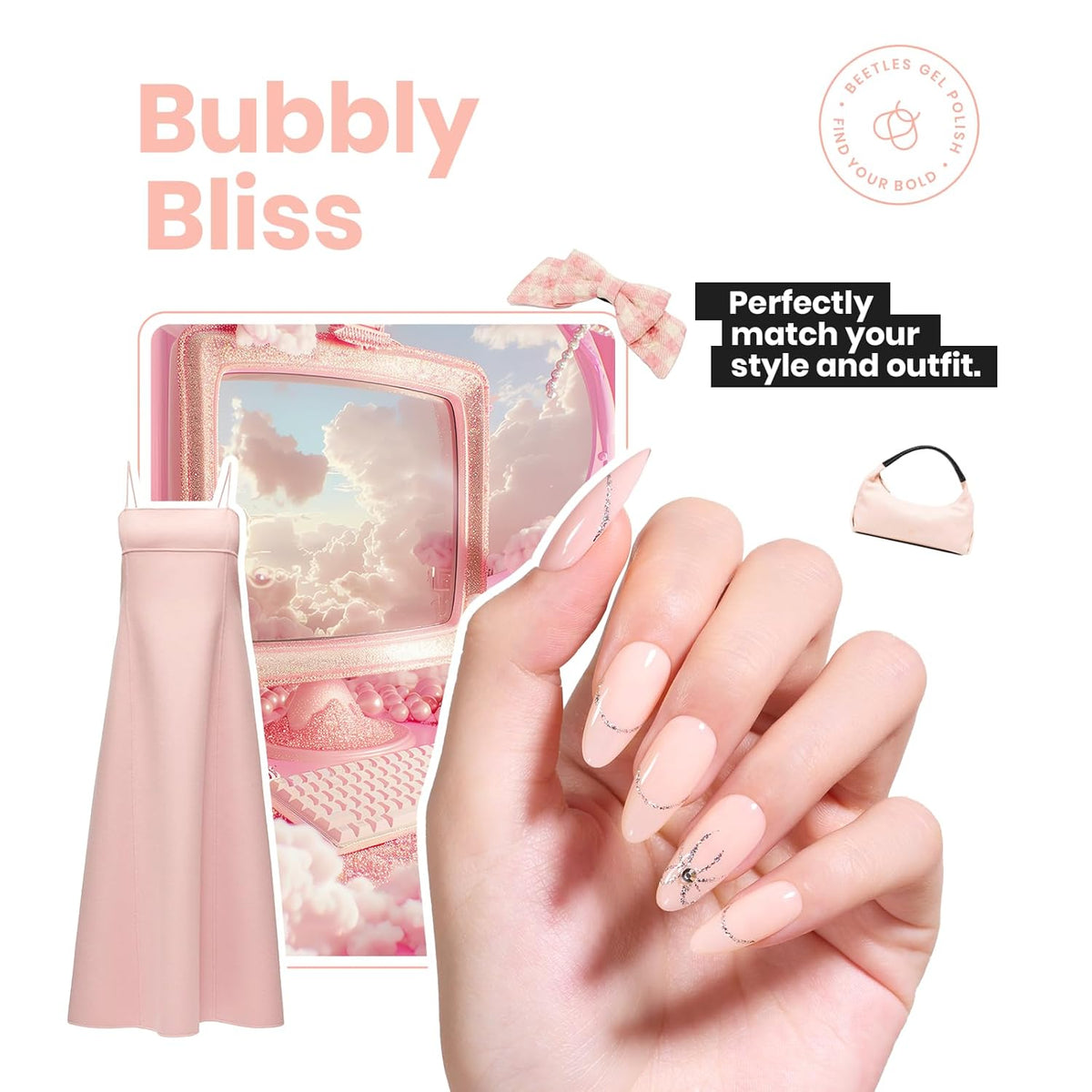Beetles Nail Polish Bubble Bliss, 2 in 1 Nail Strengthener Polish Growth Nail Ridge Filler Base