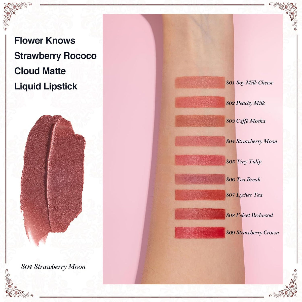 Flower Knows Strawberry Rococo Cloud Lip Cream,Velvety Matte Liquid Lipstick,Pink Lipstick,Long