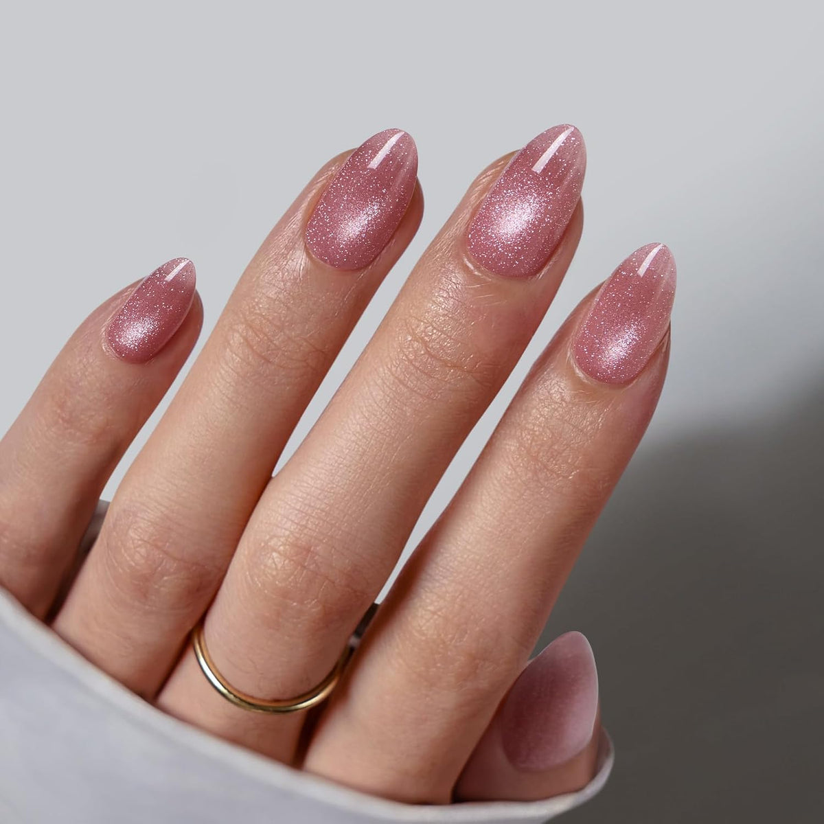 BTArtbox Press On Nails Short - Lamp-Curable Pink Cat Eye Almond Press On Nails with Glue for