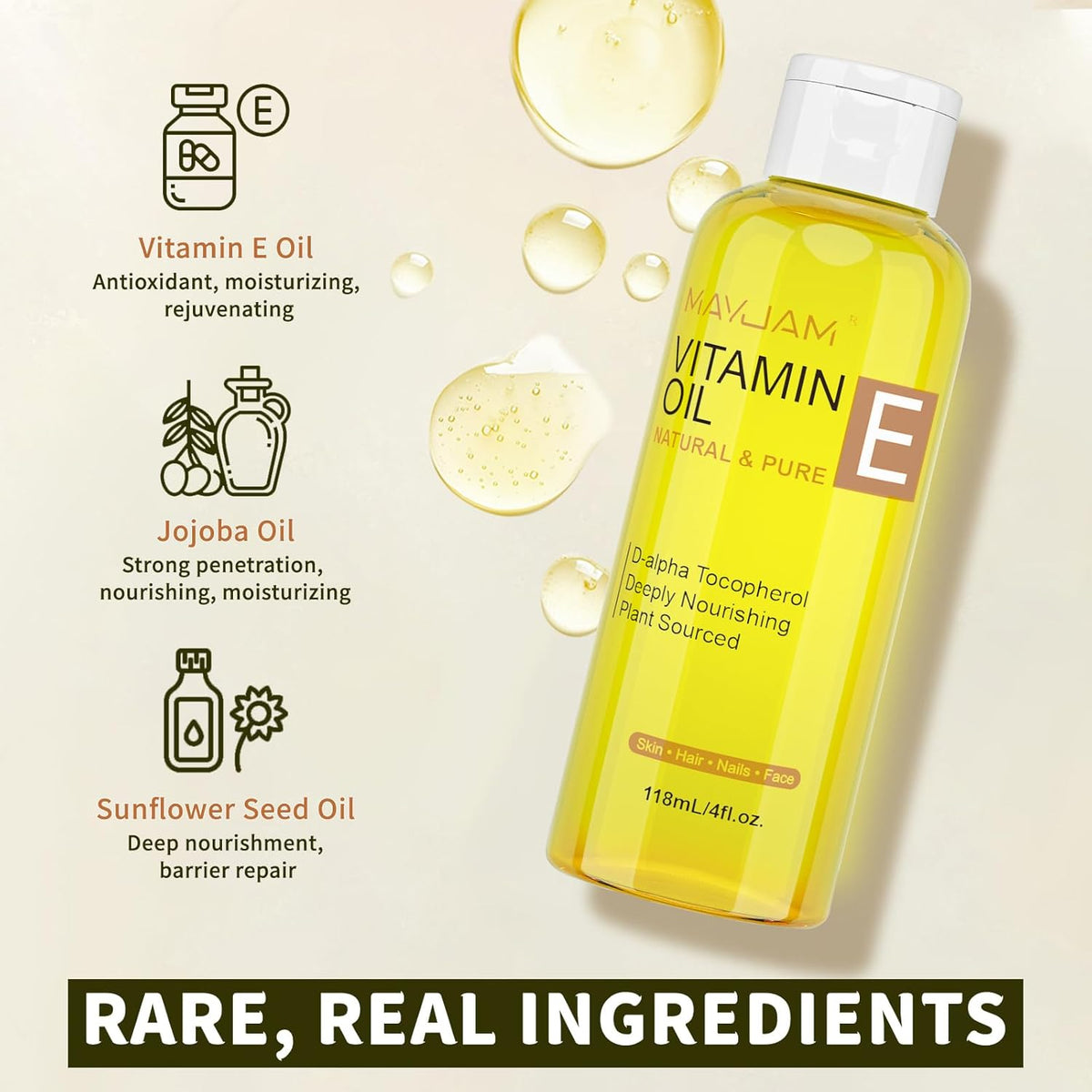 Organic Vitamin E Oil 50,000 IU for Skin, Pure & Natural Vitamine oils for Scars Hair, Face, Nail