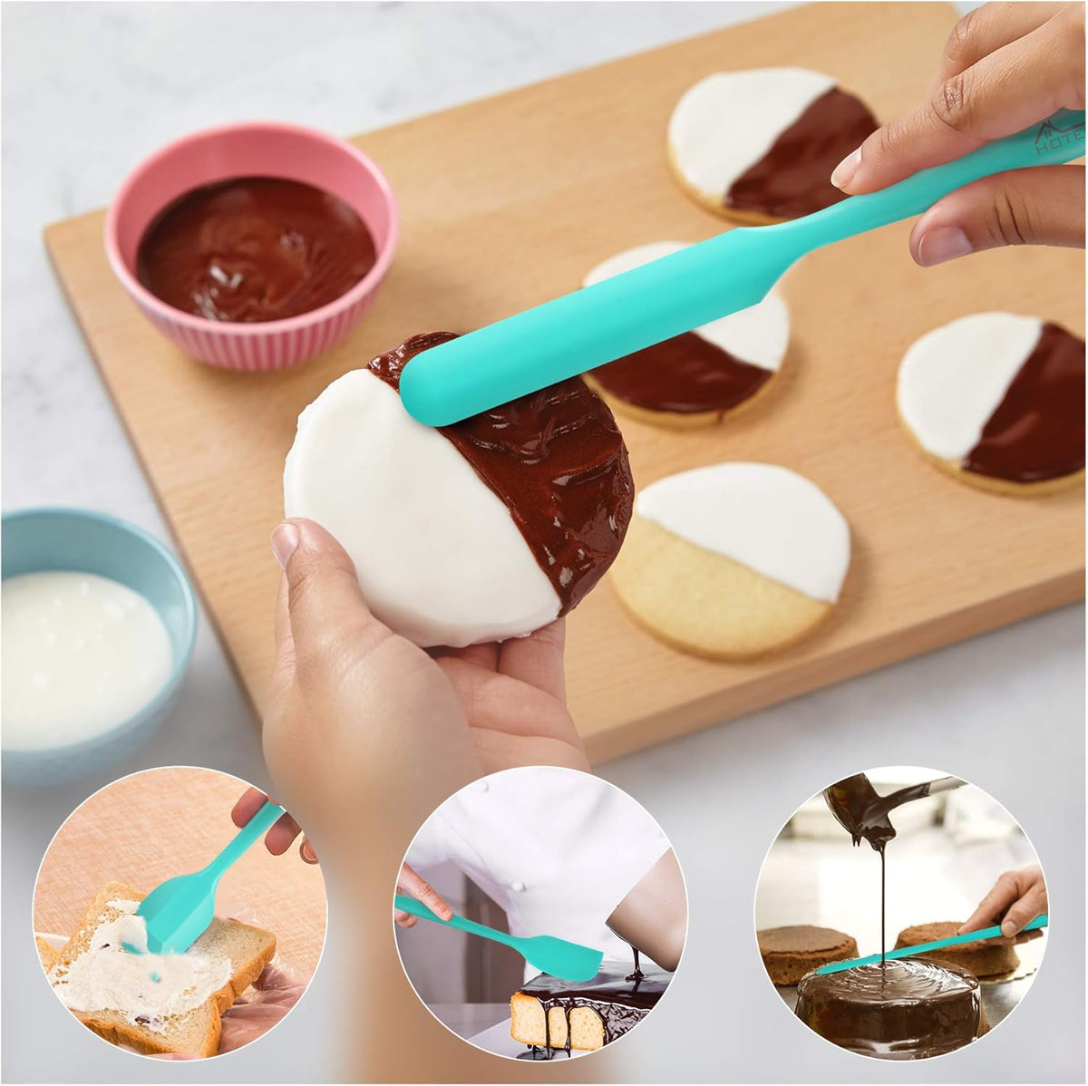 HOTEC 600℉ Heat Resistant BPA-Free Silicone Rubber Spatula Set,Kitchen Cooking Spatulas, Baking