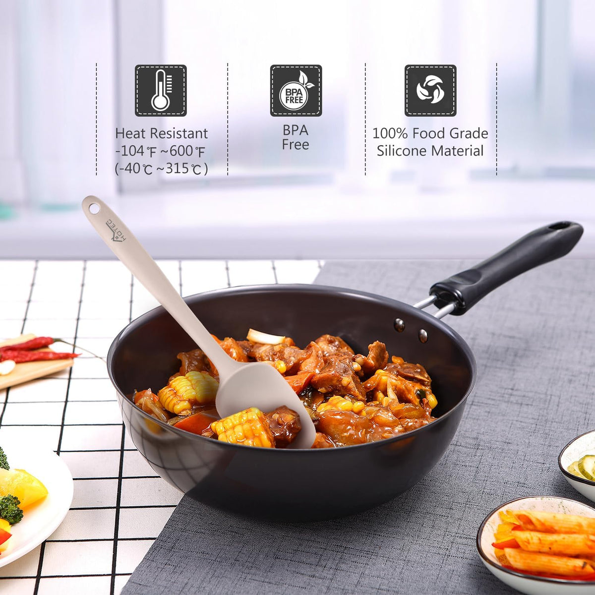 HOTEC 600℉ Heat Resistant BPA-Free Silicone Rubber Spatula Set,Kitchen Cooking Spatulas, Baking