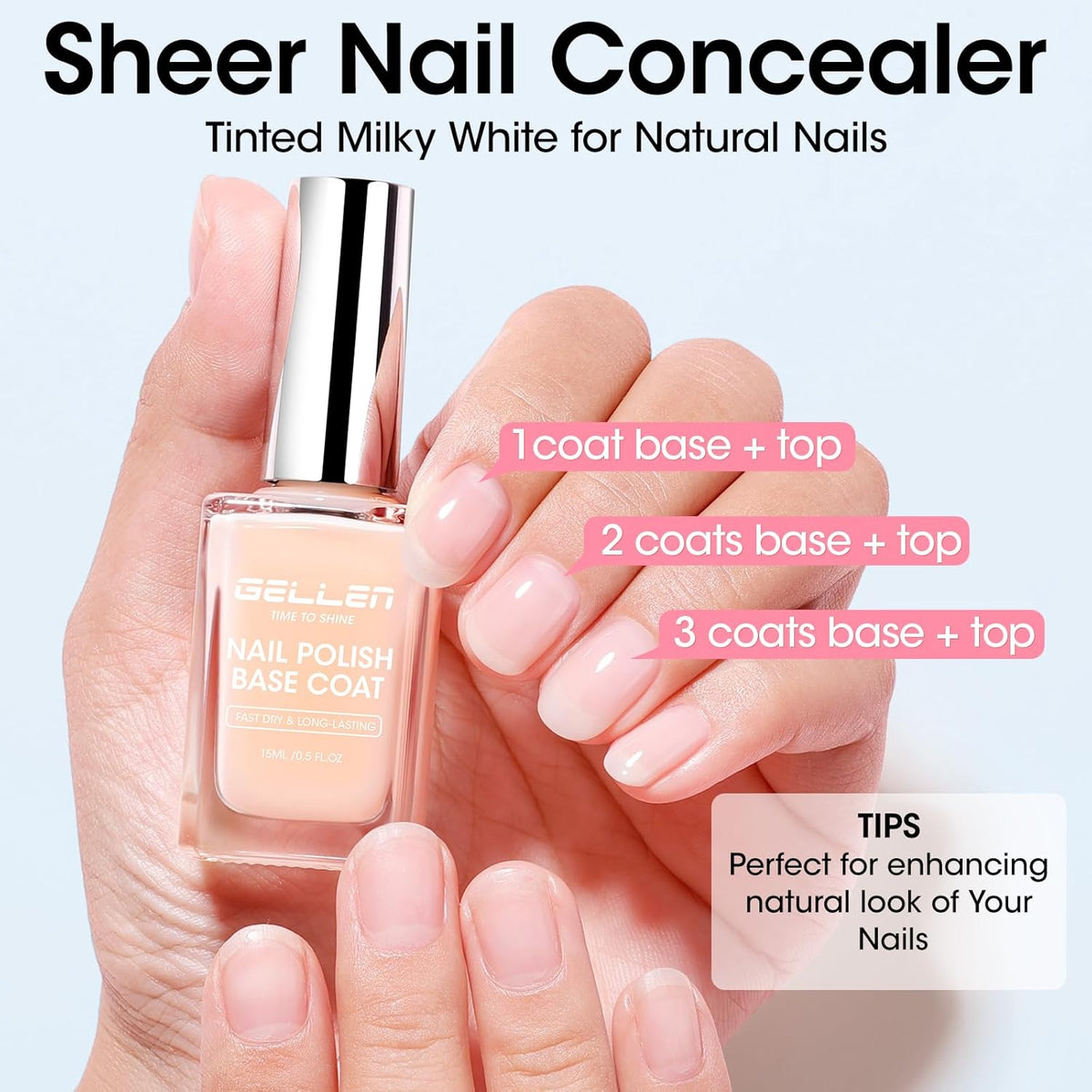GELLEN 4‑in‑1 Clear Nail Polish Base Coat Sheer Tinted Cream Milky, Ridge Filler For Nails, Nail