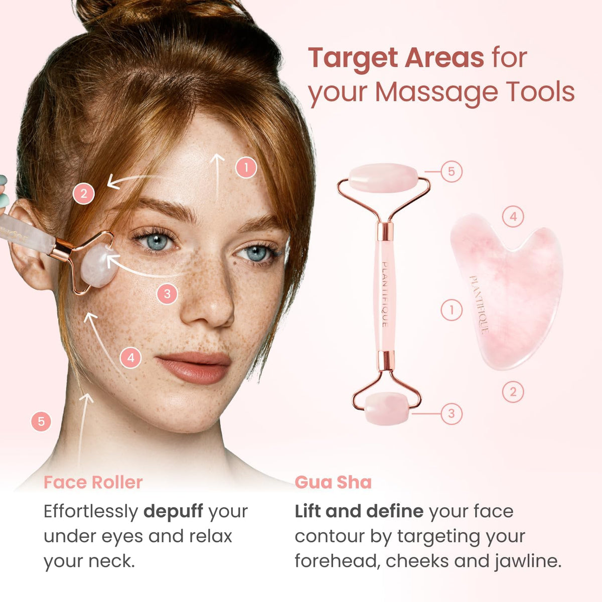 PLANTIFIQUE Face Roller and Gua Sha Rose Quartz Certified | Gifts | Guasha Tool for Face | Jawline