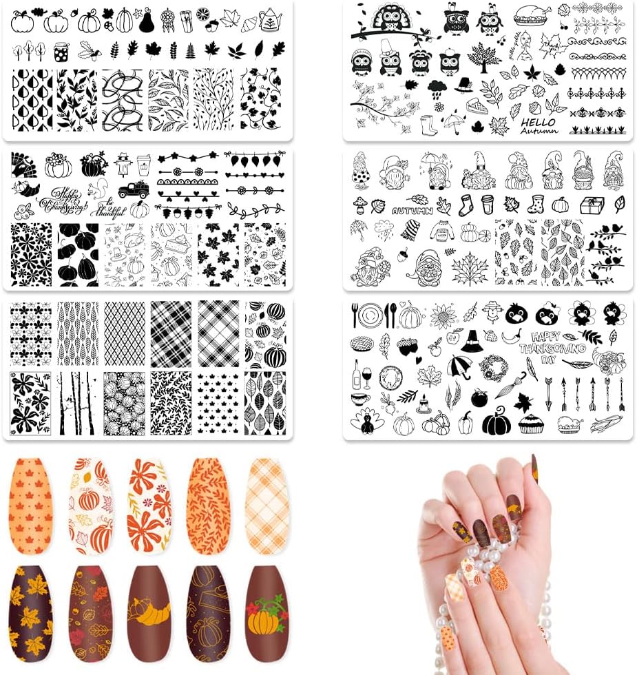 ALIBBON 6 Pcs Fall Nail Stamping Plates Set, Leaves Background Nail Art Stamp Templates, Pumpkin