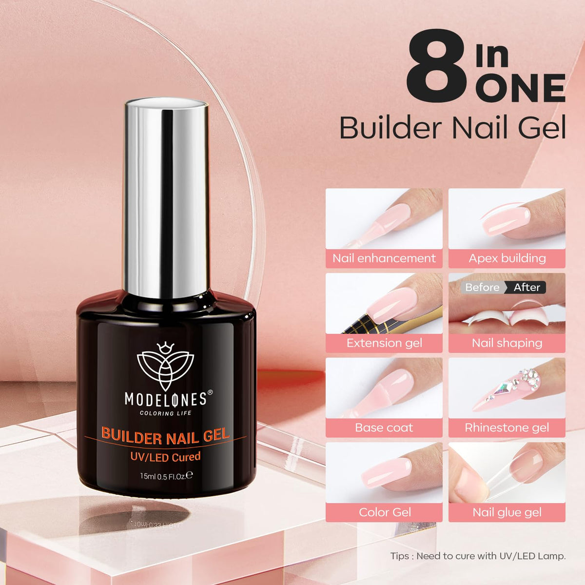 modelones Builder Nail Gel, 8-in-One Barely Pink Builder, Sheer Pink Rubber Base Gel Polish, LED