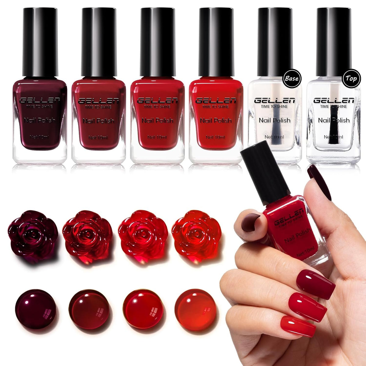 GELLEN Dark Red Nail Polish & Base Top Coat, Deep Burgundy Cherry Wine Blood Red 4 Colors Set