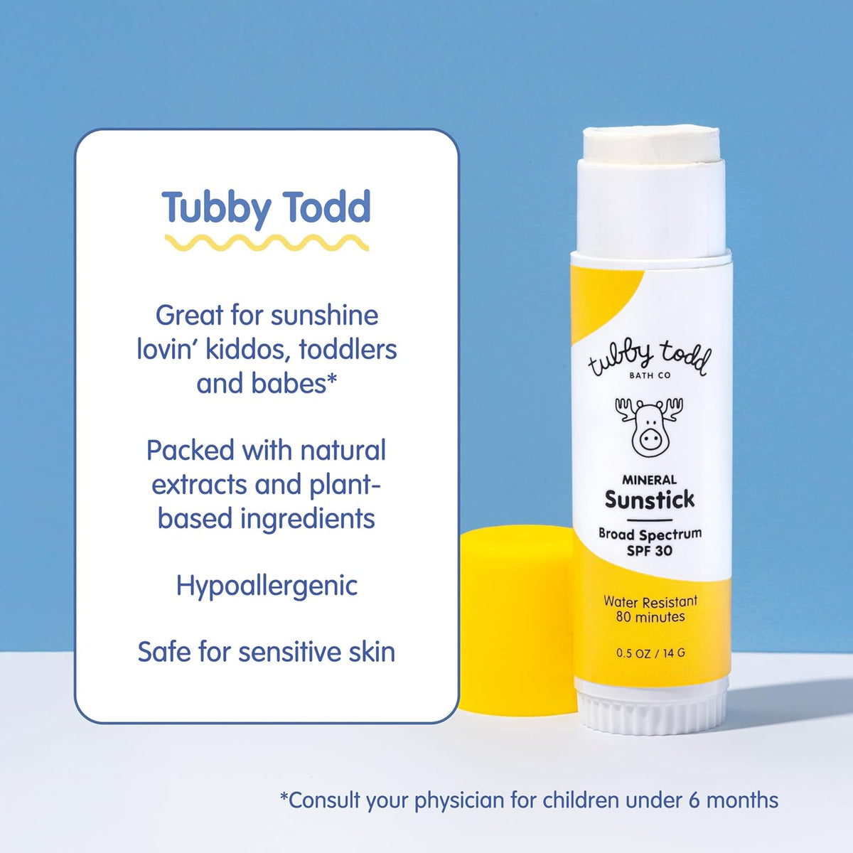 TUBBY TODD Mineral Sunstick - Broad Spectrum SPF 30 Sunscreen for Kids - Water-Resistant Stick