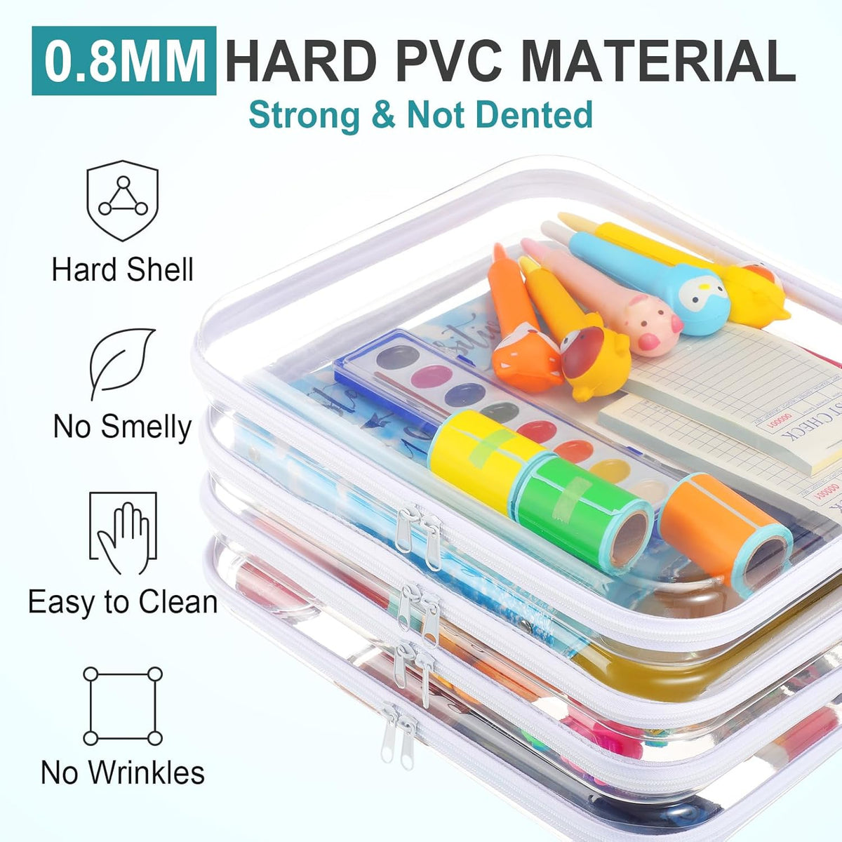 Hoolerry 4 Pcs Hard Clear Zipper Case Makeup Bags Plastic Pencil Pouch Transparent Storage Box