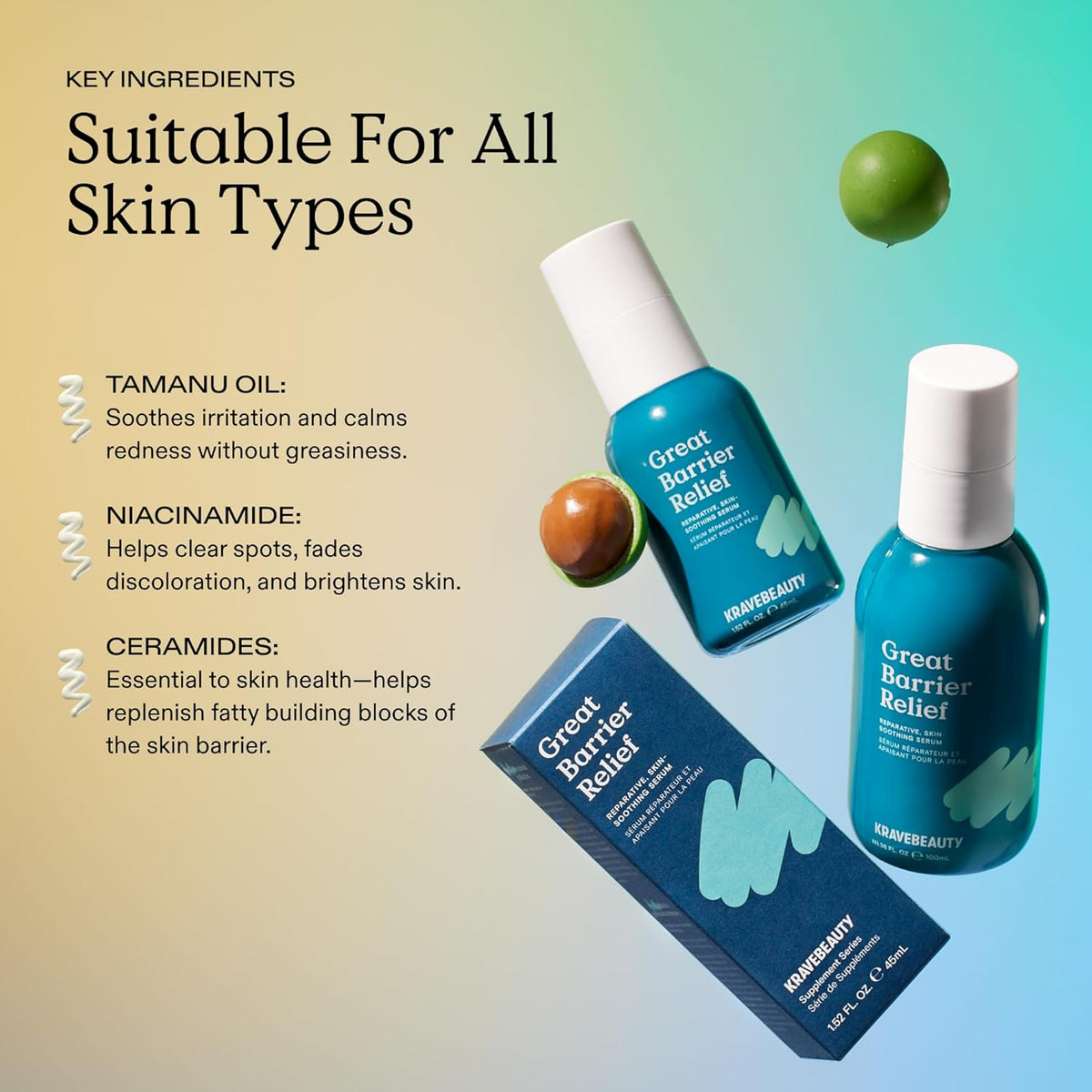 KraveBeauty New Great Barrier Relief, Soothing Skin Barrier Repair Serum, Contains Tamanu Oil to