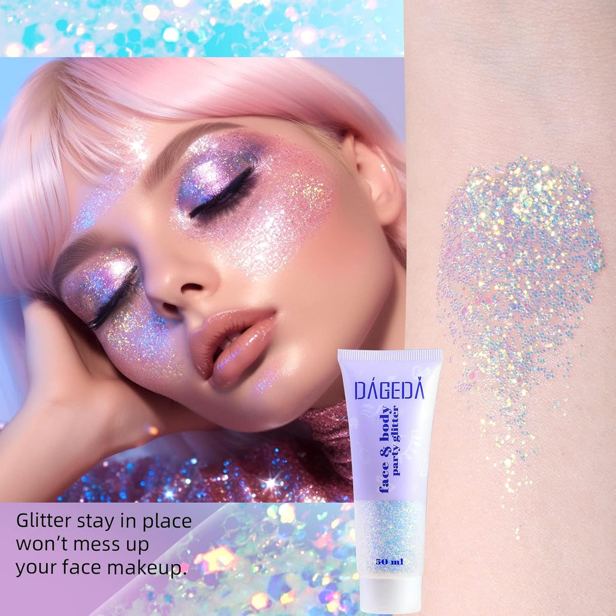DAGEDA Body Glitter Gel, Holographic Face Glitters Body Gel Shimmer Liquid Eyeshadow, Color