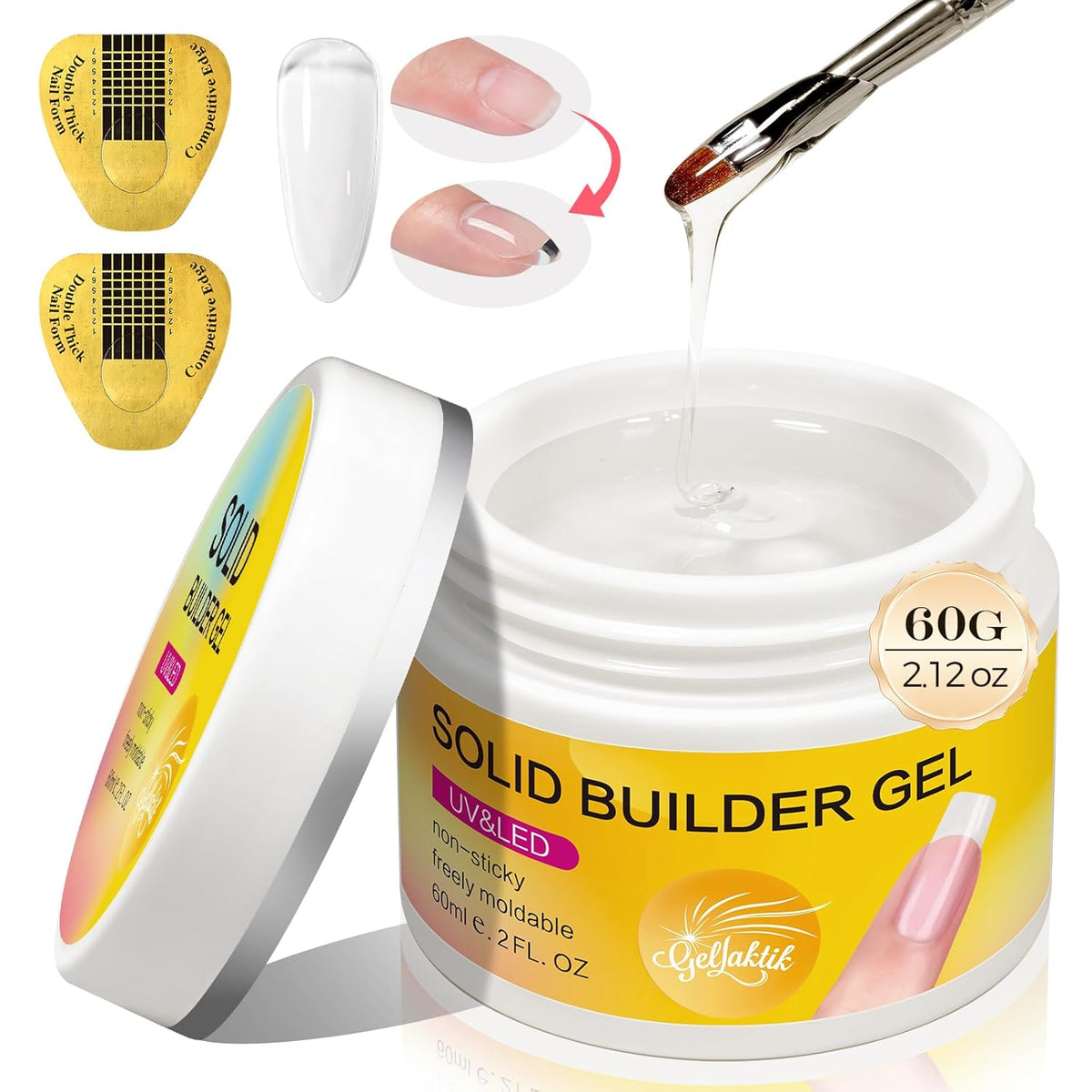 Builder Gel for Nails, 60g Clear Hard Gel for Nail Extension with 10 Nail Forms, Strengthener &