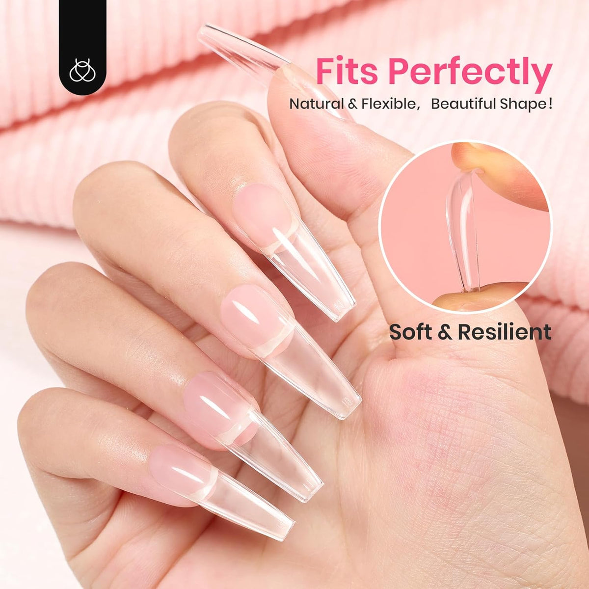 Beetles Gel Nail Tips Long Coffin Pre-Etched Nail Tips, 12 Sizes 288Pcs Pre Shaped Soft Gel Clear
