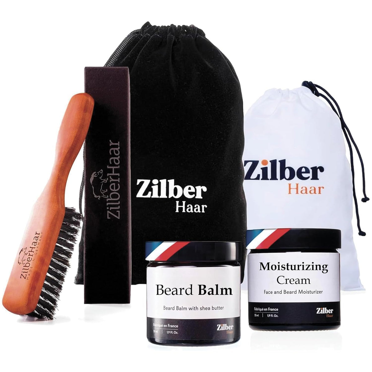 ZilberHaar - Beard Care Kit for Men - 1 Regular Beard Brush + 1 Beard Balm + 1 Moisturizing Cream +