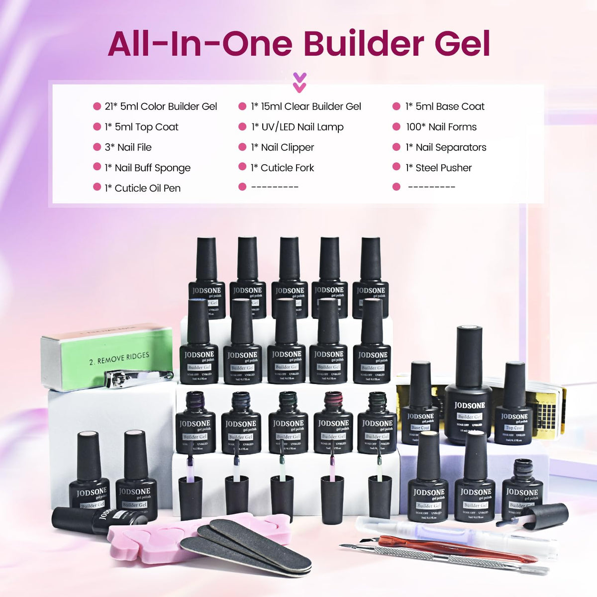 JODSONE Builder Gel Nail Kit with U V Light Base Top Coat 21 Colors High Shine Builder Gel and 100