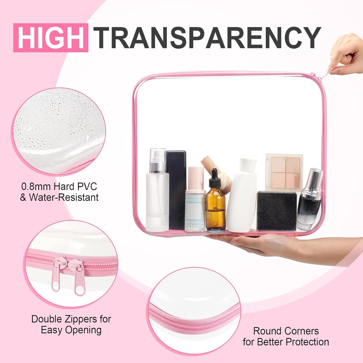 Hoolerry 3 Pcs Clear Hard Zipper Case Plastic Pouch Transparent Hard Case Clear Makeup Bag Portable