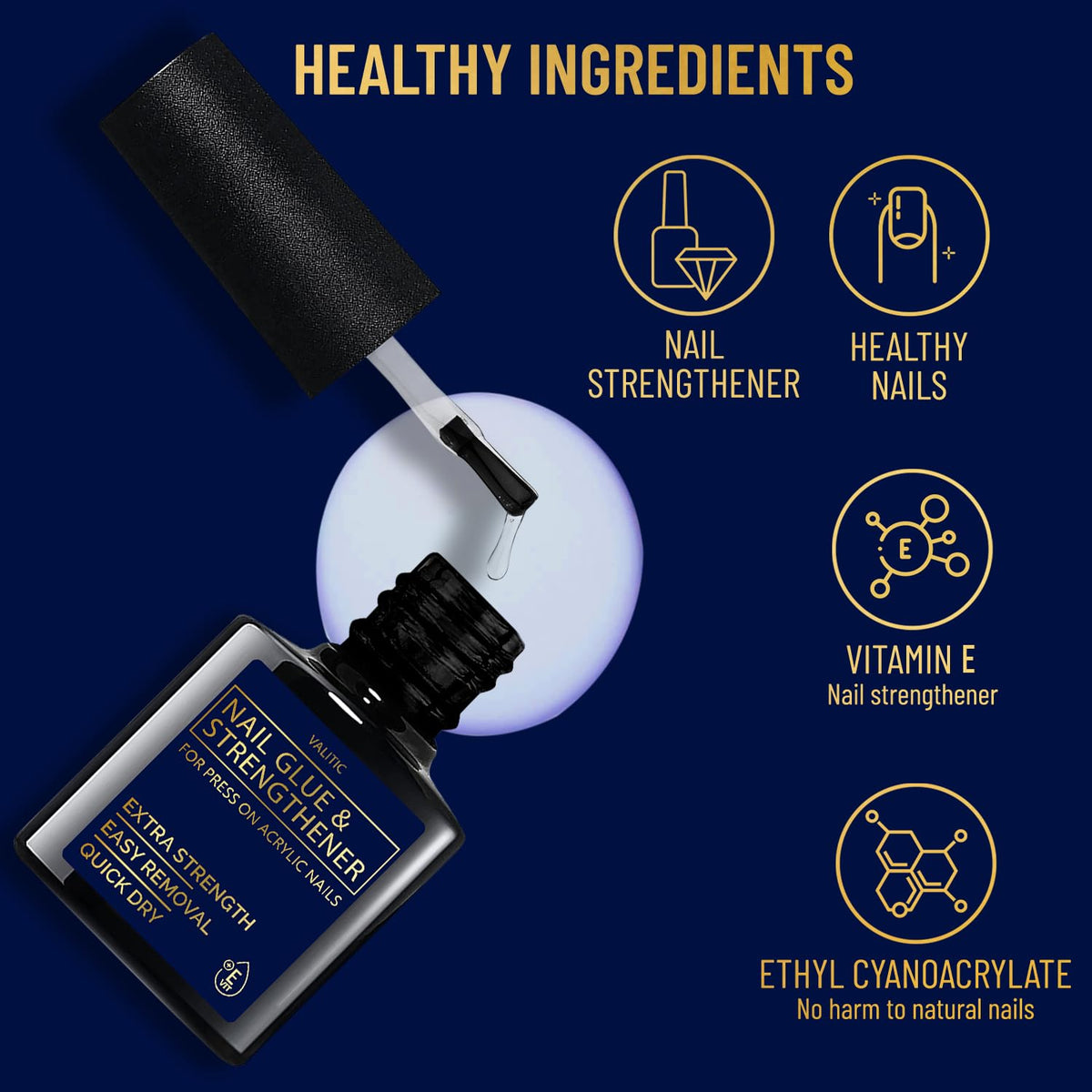 Valitic Strong Nail Glue and Strengthener for Acrylic and Press On Nails - Quick Dry Brush On Gel