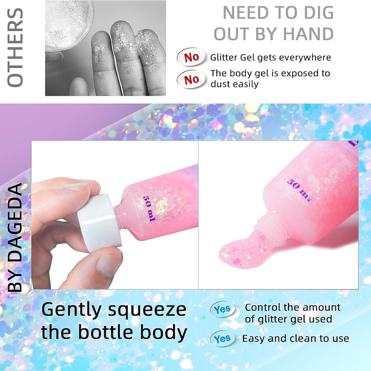DAGEDA Body Glitter Gel, Face Glitters Body Gel Sequins Shimmer Liquid Eyeshadow, Chunky Glitter