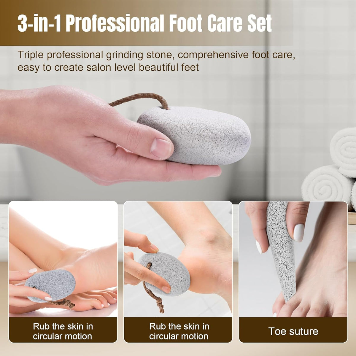 Pumice Stone for Feet Dead Skin Removal - 3-Pack Natural Volcanic Pumice Stone Set (Round, Oval