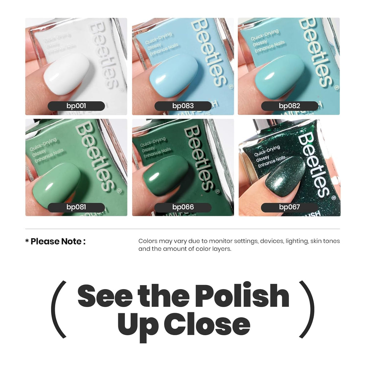Beetles Green Nail Polish Set P181, 6 Colors Blue White Nail Polish Set, Green Collection Quick Dry