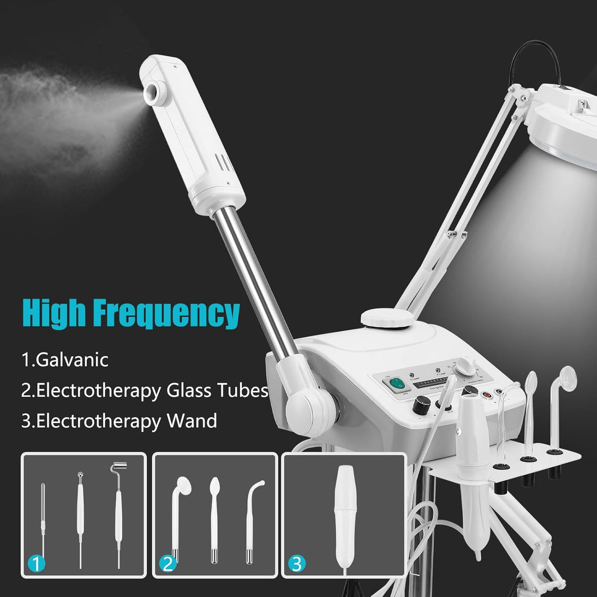 Professional 4in1 Ozone Face Steamer for Deep Hydration with Magnifying Lamp, High Frequency