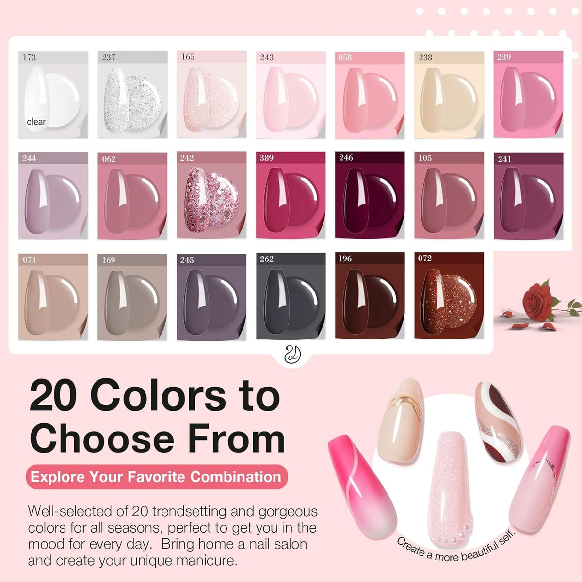 AZUREBEAUTY 31 Pcs Dip Powder Nail Kit Starter 20 Colors Clear Nude Pink Brown Glitter All Season
