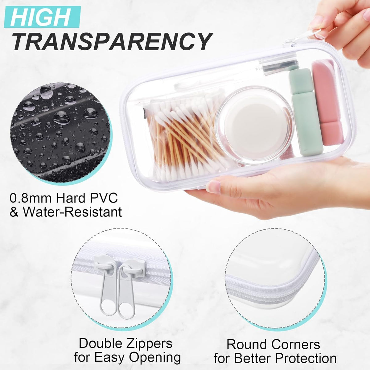 Hoolerry 3 Pcs Clear Hard Zipper Case Plastic Pouch Transparent Hard Case Clear Makeup Bag Portable