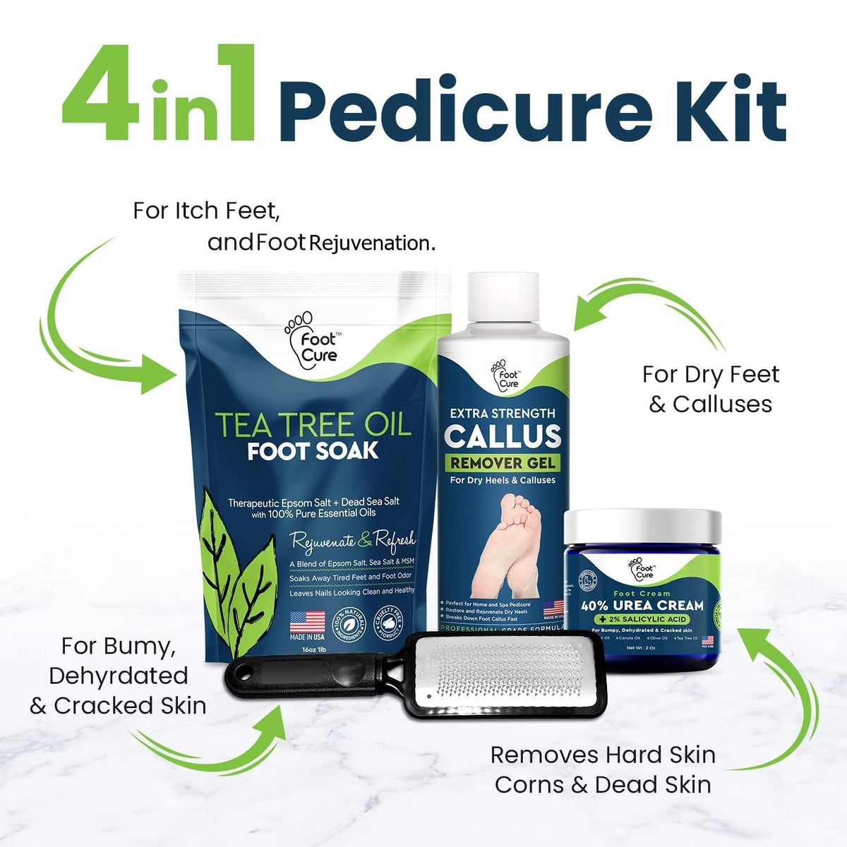 FOOT CURE Exfoliator & Callus Remover Pedicure Set – Care Kit Includes File for Dead Skin, Tea Tree