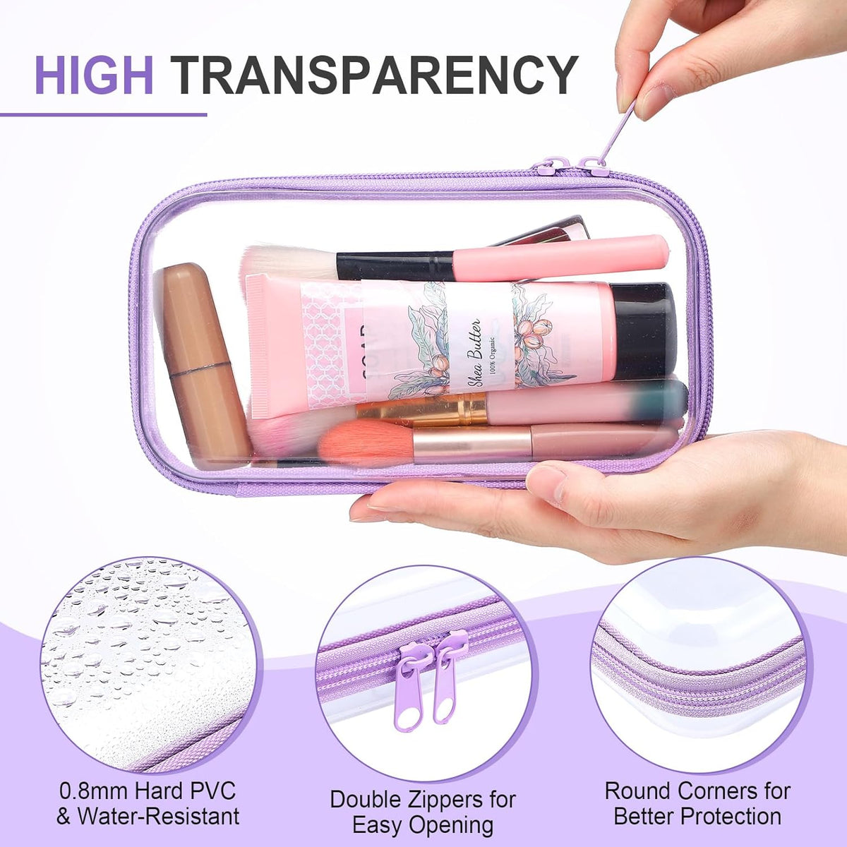 Hoolerry 4 Pcs Hard Clear Zipper Case Makeup Bags Plastic Pencil Pouch Transparent Storage Box