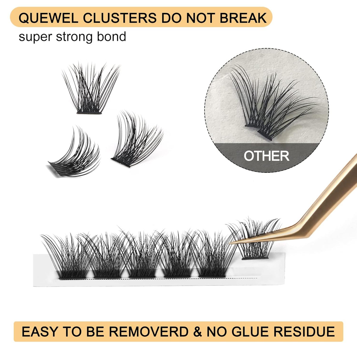 QUEWEL Lash Clusters 72 Pcs Cluster Lashes Wide Stem Eyelash Clusters C/D Curl 8-16mm DIY Eyelash
