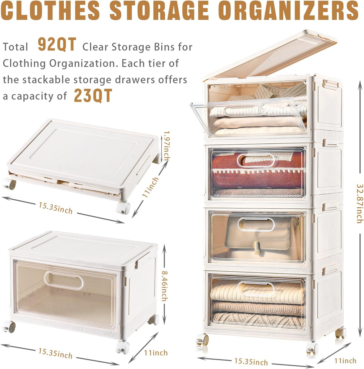 4-Tier Stackable Storage Bins with Lid, 23QT Storage Containers,Clear Foldable Plastic Drawer